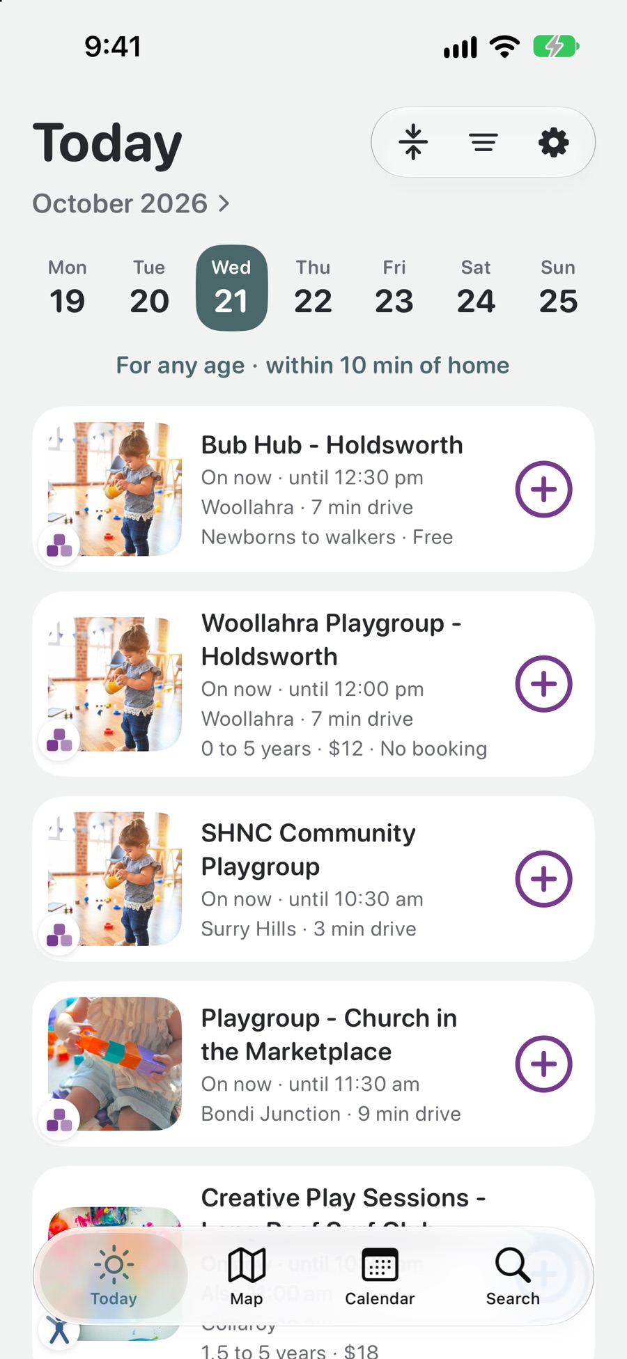 The Today screen: the day's activities near you, each with its time, its place and the minutes to drive there.