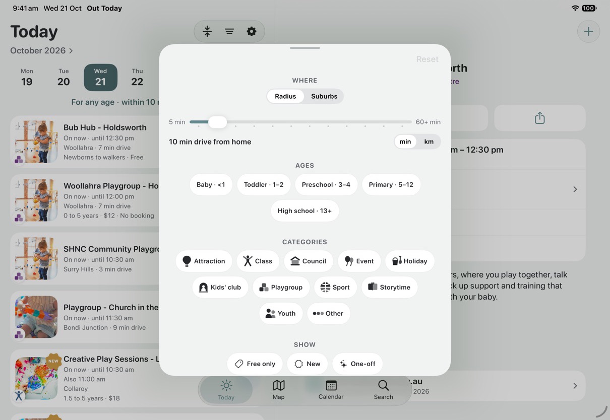 The filter sheet over Today on the iPad: minutes' drive from home on a slider or a choice of suburbs, the five age chips from baby to high school, the category chips, and chips to show only what is free, new or one-off.