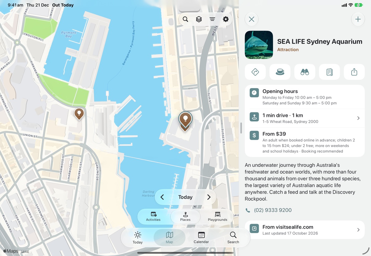 The Map tab on the iPad: Darling Harbour with SEA LIFE Sydney Aquarium's pin chosen, and beside the map its detail, with its opening hours, the minute's drive, the price, what it is and the page it came from.