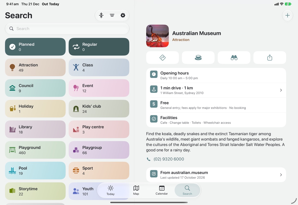 The Search tab on the iPad: the grid of tiles, Planned and Regular first, then every category with its count, and beside them the Australian Museum's detail, with its opening hours, the minute's drive, free entry, the facilities, what it is and the page it came from.