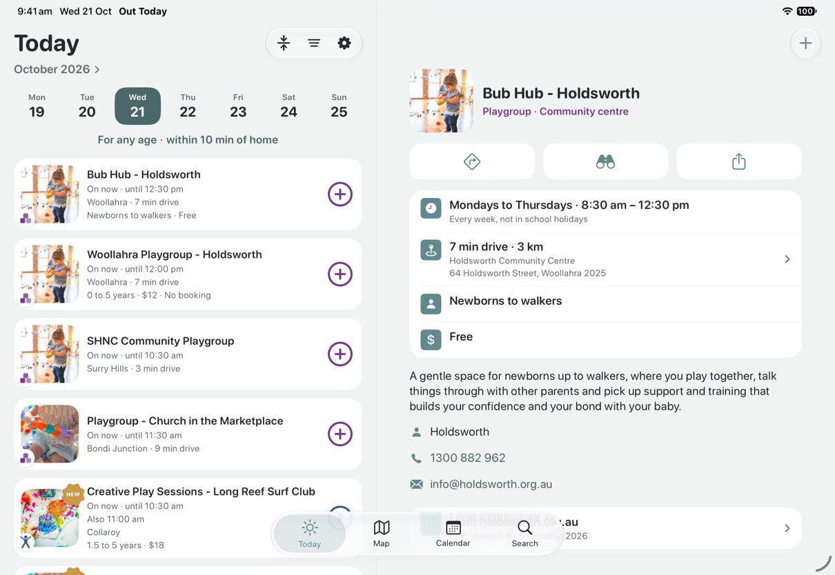 The Today screen on the iPad: the week's days across the top, the day's activities near you, each with its time, its place and the minutes to drive there, and beside the list the first one's detail.