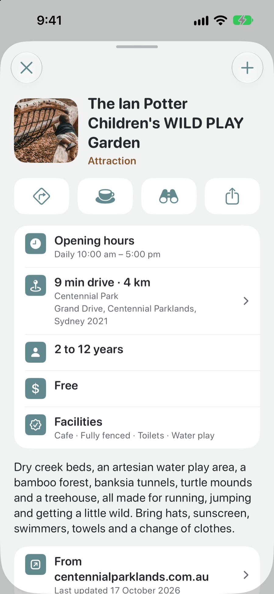 A place's detail: the Ian Potter Children's WILD PLAY Garden in Centennial Park, its row of buttons for directions, a cafe nearby, Look Around and sharing, the minutes to drive, the address, the ages and the facilities, and the page it came from.