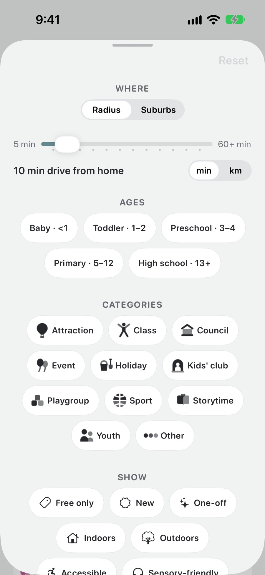 The whole filter sheet: minutes' drive from home on a slider or a choice of suburbs, the five age chips from baby to high school, the category chips, and chips to show only what is free, new, one-off, indoors, outdoors, accessible or sensory-friendly.