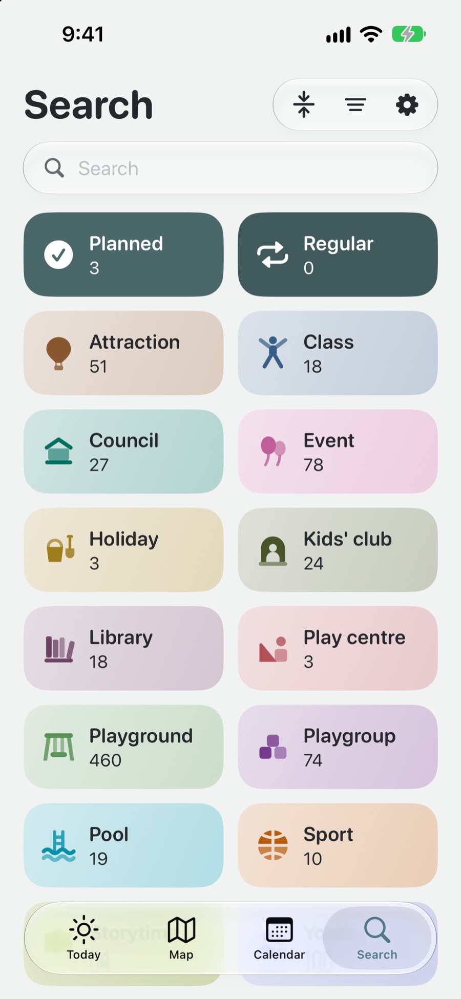 The Search tab before typing: a grid of tiles, Planned and Regular first, then every category with its count, from attractions and classes to pools and sport.